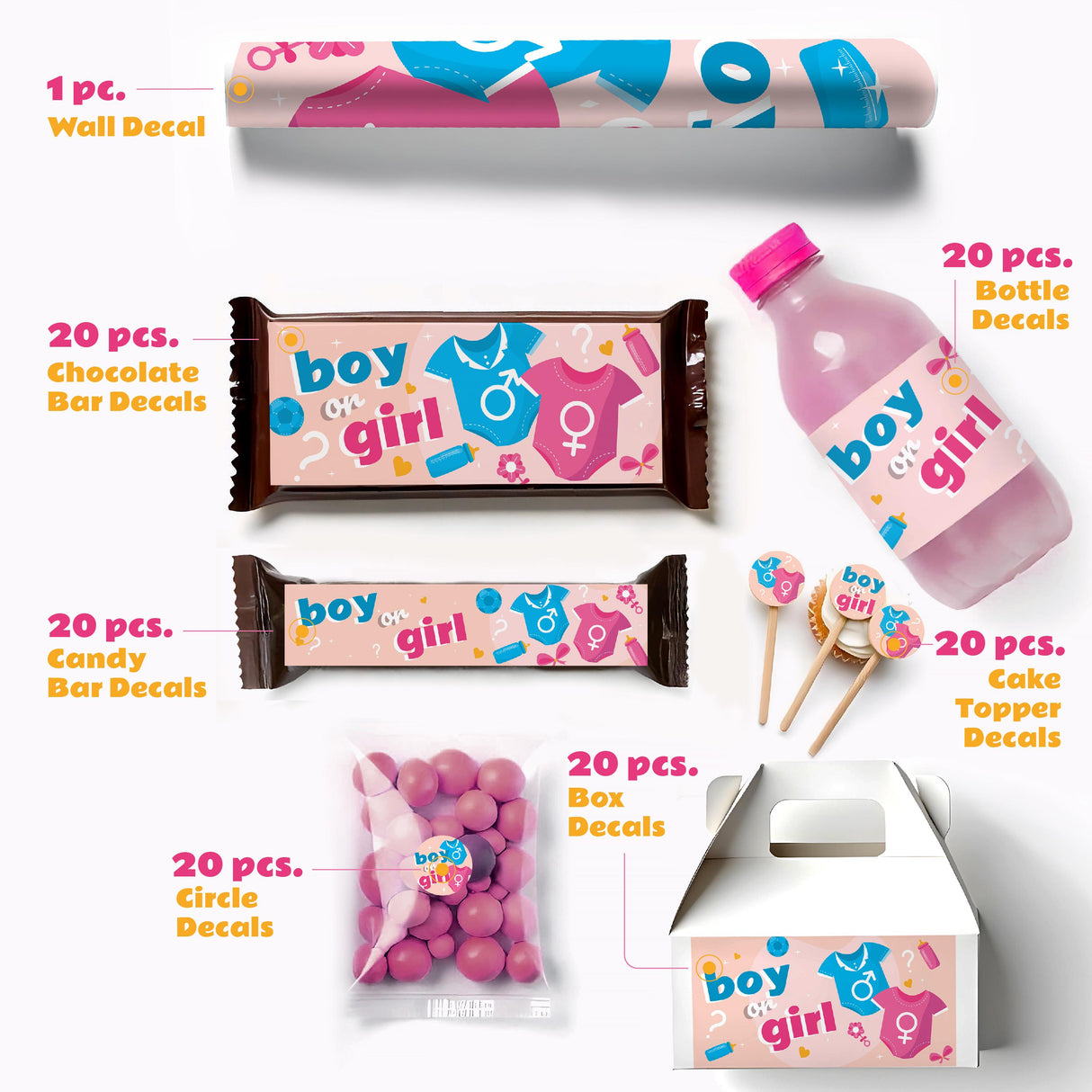 Colorful gender reveal party decal set featuring wall, bottle, chocolate, candy, and box decals in pink and blue themes.