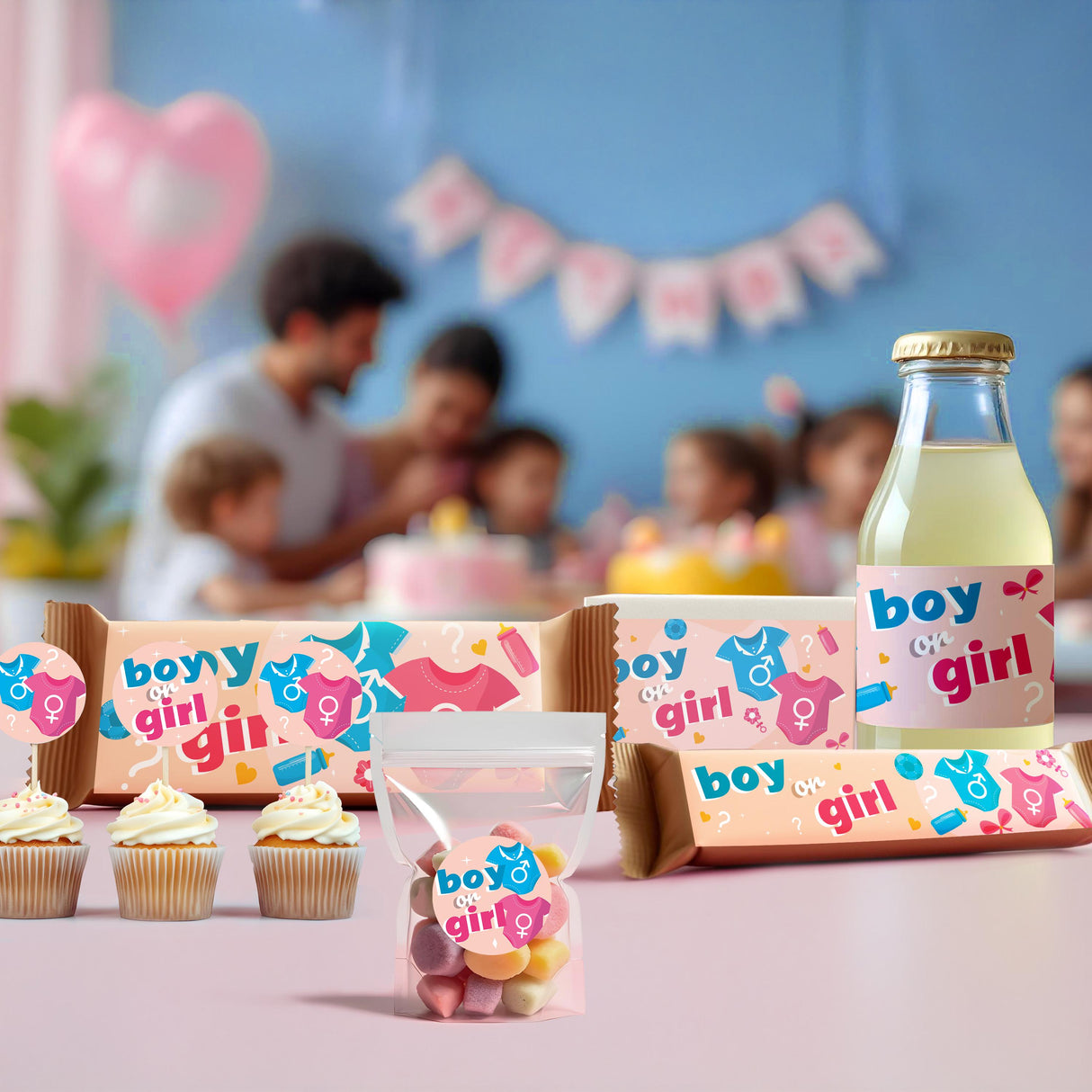 Gender reveal party setup featuring customizable boy or girl decals on snacks and drinks with decorative cupcakes.