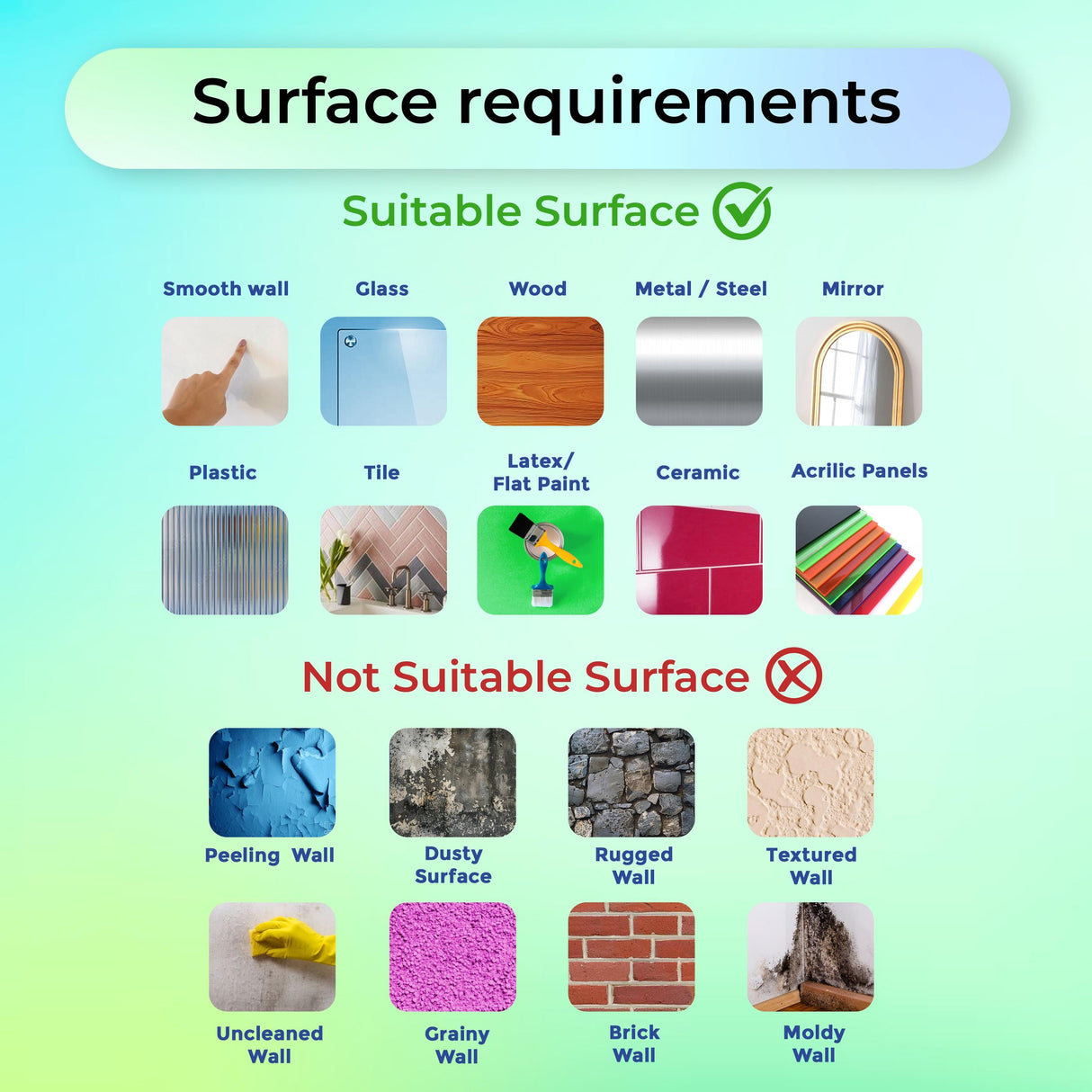 Visual guide showing suitable and unsuitable surfaces for Christmas Wish Tree stickers, including smooth, glass, and dusty options.