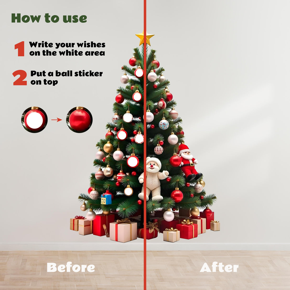 DIY Christmas tree wall decal instructions with wish writing area and red ball sticker application steps.