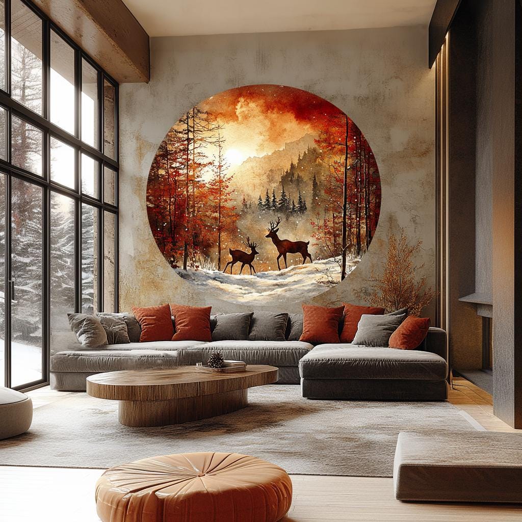 Winter forest wall sticker featuring deer and mountains, enhancing rustic home decor in a cozy living room setting.