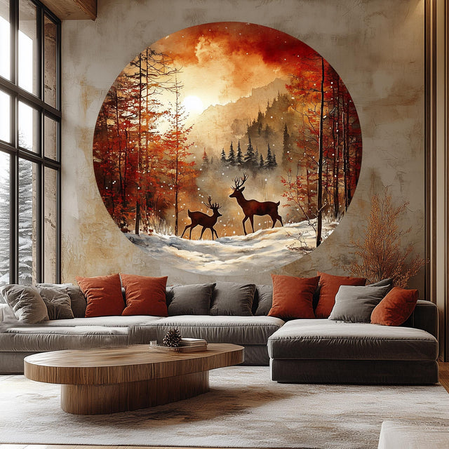Winter forest wall sticker mural featuring deer and mountains, perfect for rustic home decor and cozy indoor spaces.