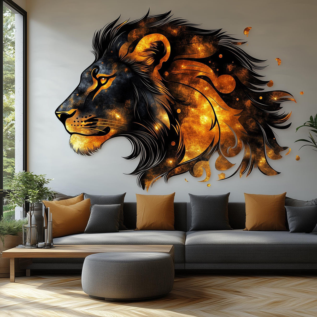 Cosmic Lion Wall Decal in fiery oranges and blacks, adding bold decor to a modern living room.