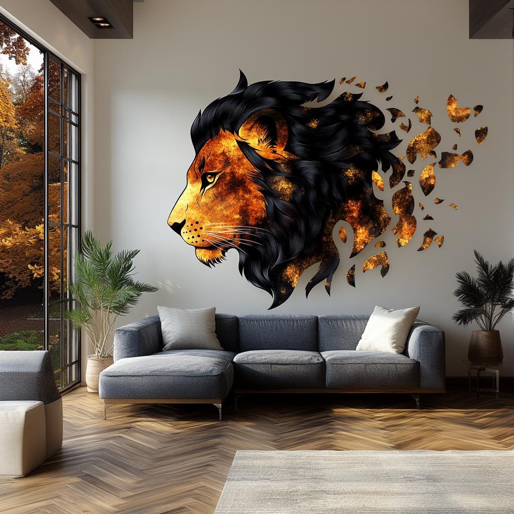 Fiery lion wall decal in living room, featuring abstract design with orange and black tones, adding bold decor.