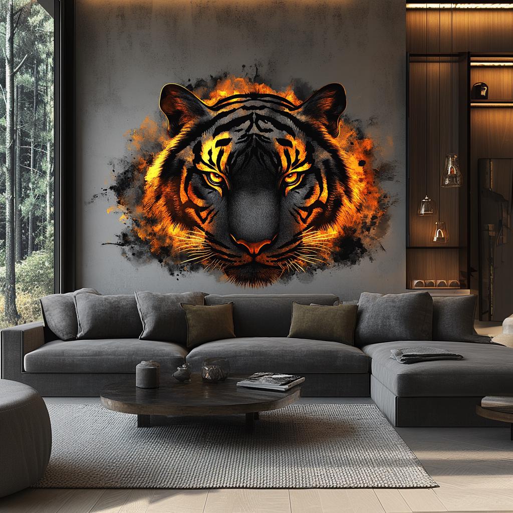 Angry tiger wall decal with fiery glow creating a bold focal point in a stylish living room decor.