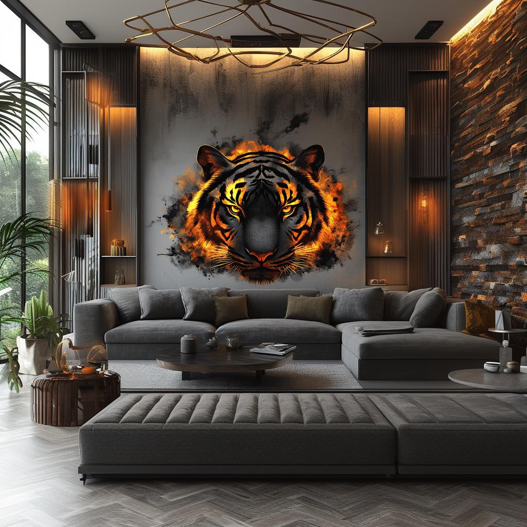 Angry tiger wall decal with fiery glow, creating a bold focal point in a modern living room decor.