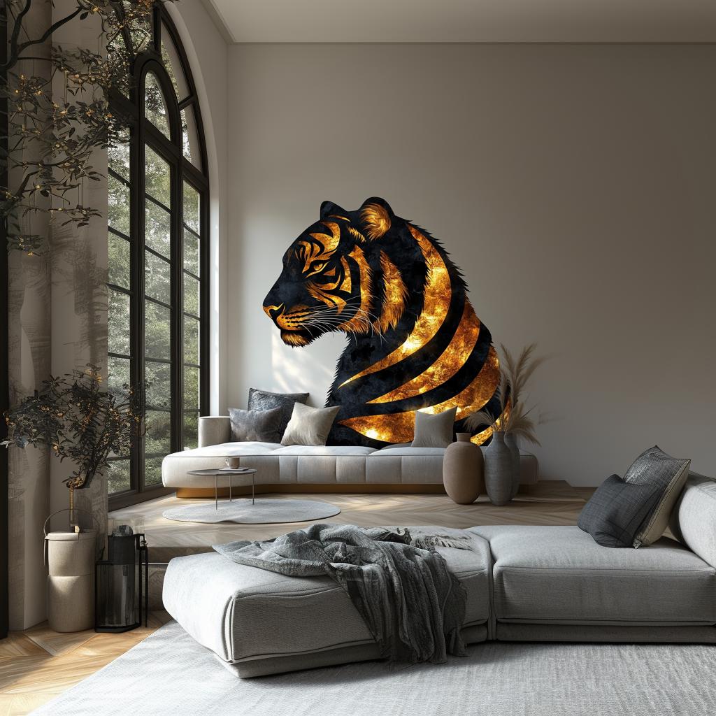 Golden Tiger Wall Sticker Decal | Regal 3D Tiger Mural Art | Elegant Animal Wall Decor for Living Room, Office, Bedroom, Nature Accent
