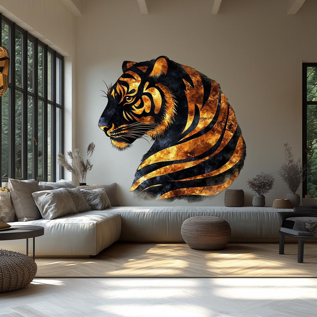 Majestic tiger wall sticker decal in golden-orange against smoky background in modern living room decor.