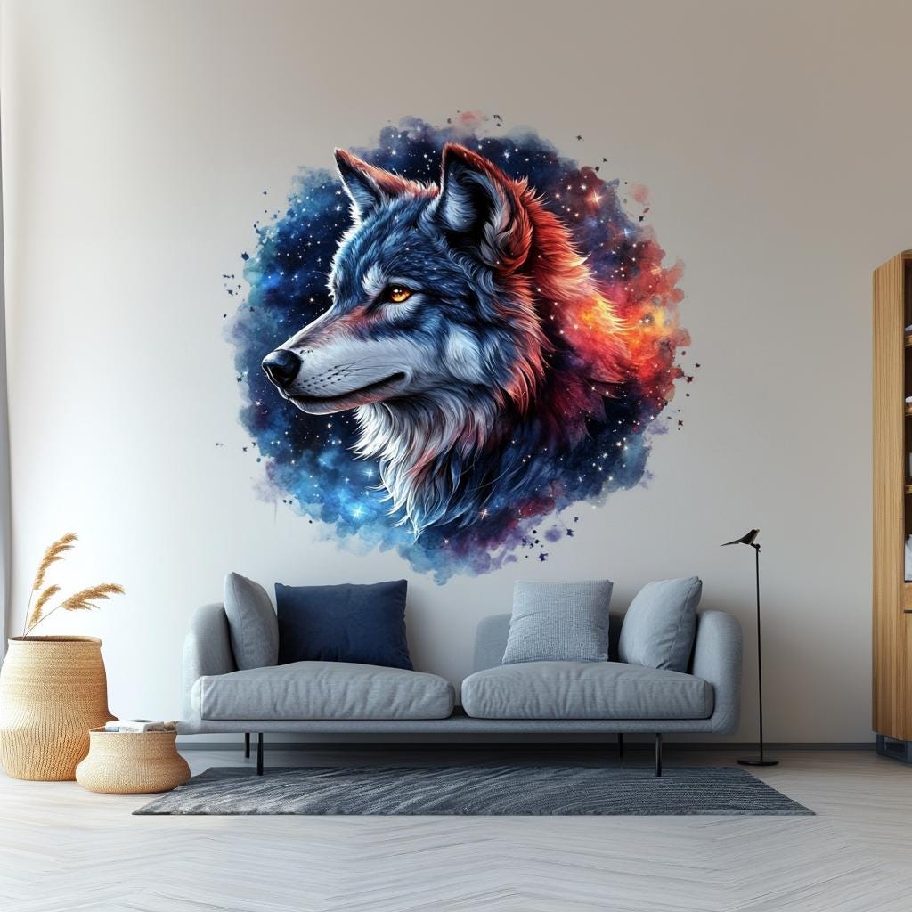 Celestial Wolf Wall Decal featuring a cosmic wolf portrait with vibrant blues, purples, and reds in a modern living room.