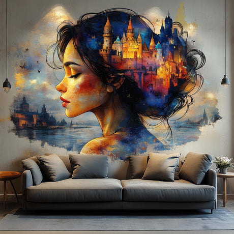 Dreamy castle wall art sticker featuring woman portrait and vibrant landscape, perfect for living room decor.