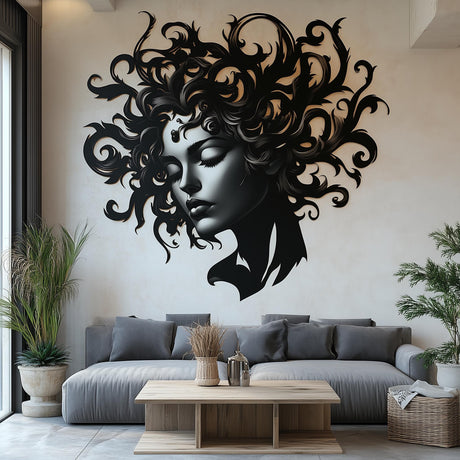 Elegant black and white woman face wall decal with flowing hair designs in modern living room décor.