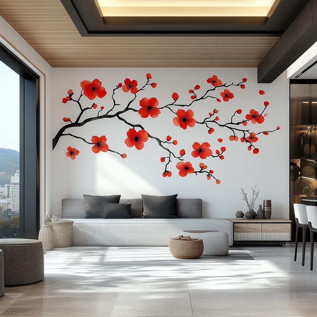 Red Flower Branch Wall Decal | Large Sakura Vinyl Floral Sticker | Removable Nature Art for Living Room, Bedroom, Office, Modern Home Decor