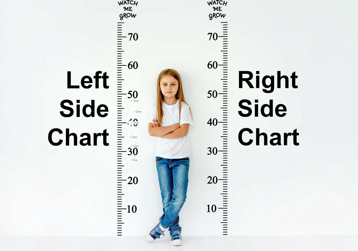 Child standing beside vinyl growth chart decals labeled Left Side Chart and Right Side Chart, measuring height progression.