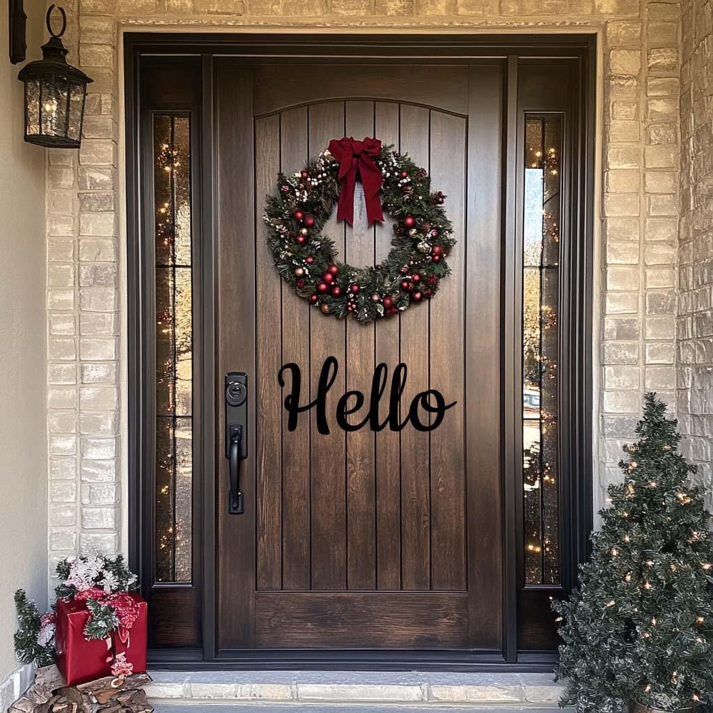 Charming front door with a 'Hello' vinyl decal, wreath, and festive decorations, perfect for welcoming guests.