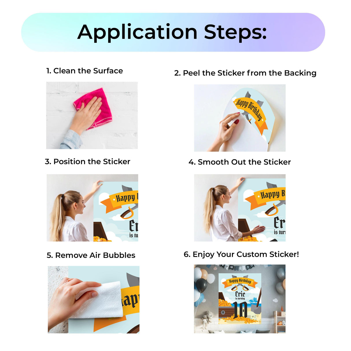 Step-by-step application guide for customizing a pirate treasure birthday wall sticker.