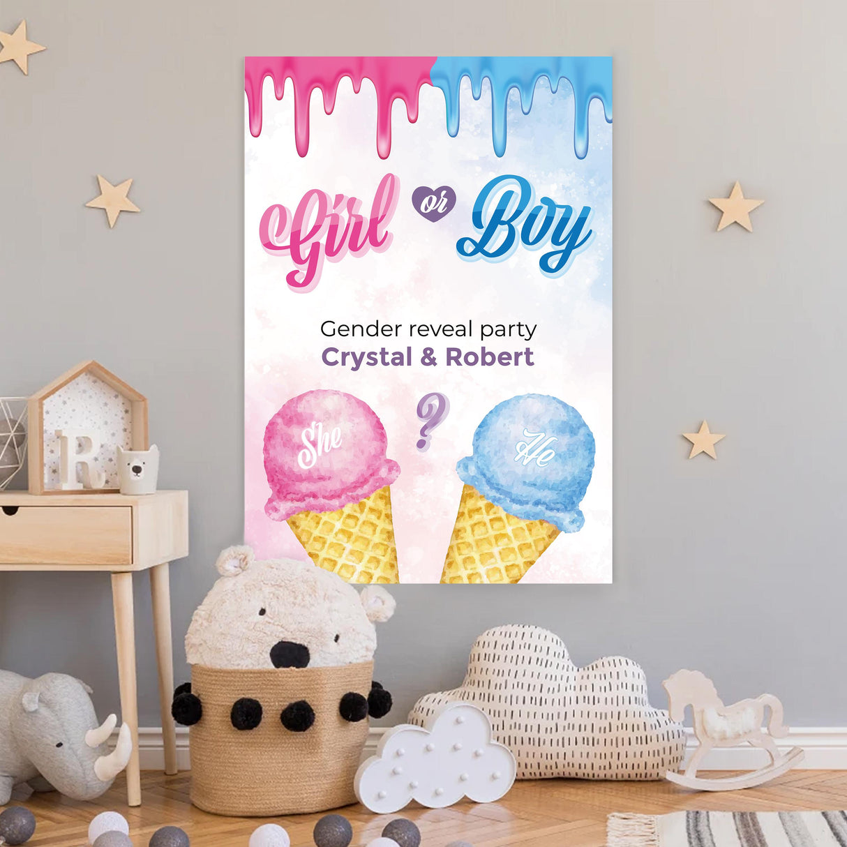 Ice cream-themed gender reveal wall sticker with 'Girl or Boy' text, personalized for Crystal & Robert's baby shower.