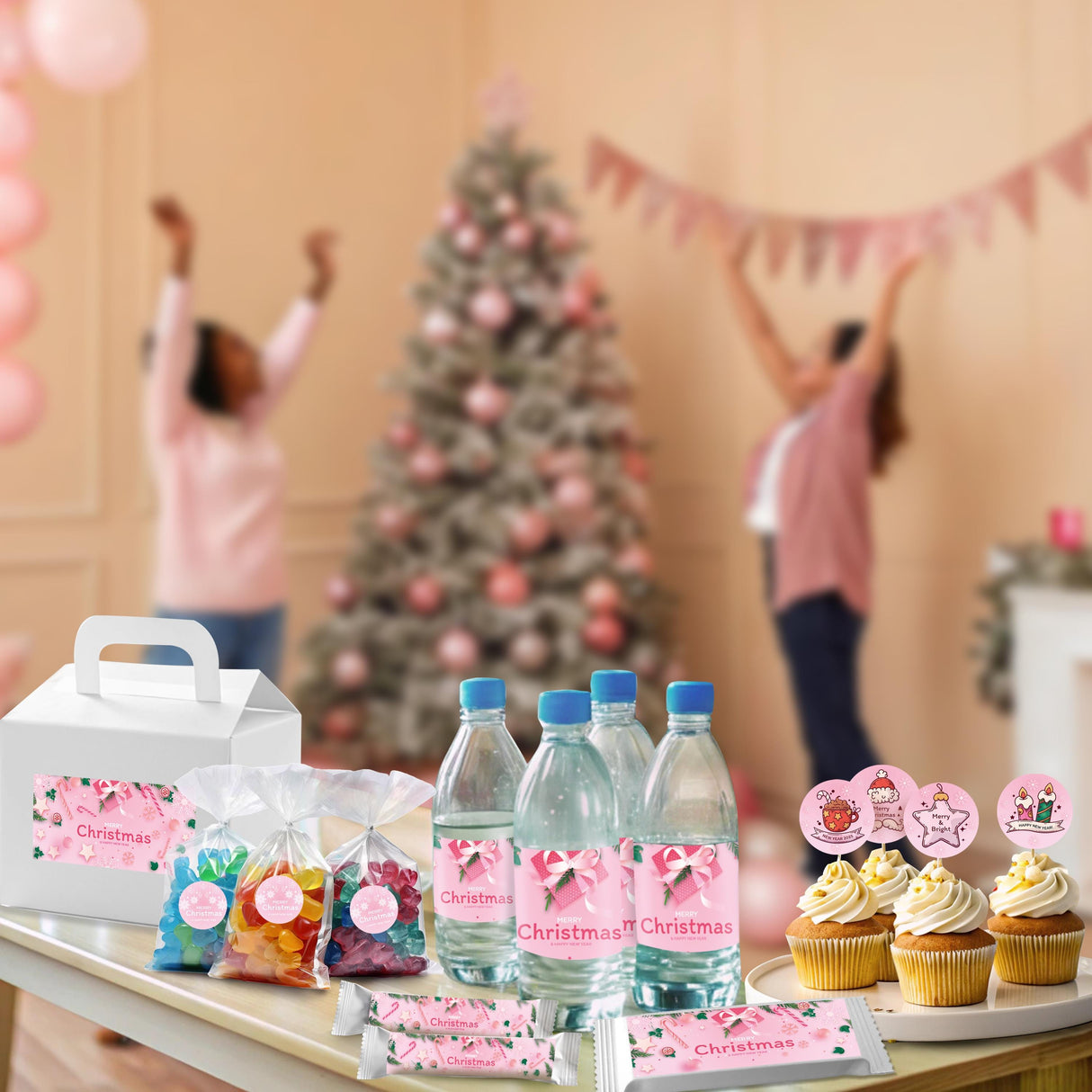 Pink Christmas Sticker Set | Personalized Holiday Labels for Bottles, Gifts Chocolates | Pastel Christmas Tree Wall Decal | Festive Decor *!