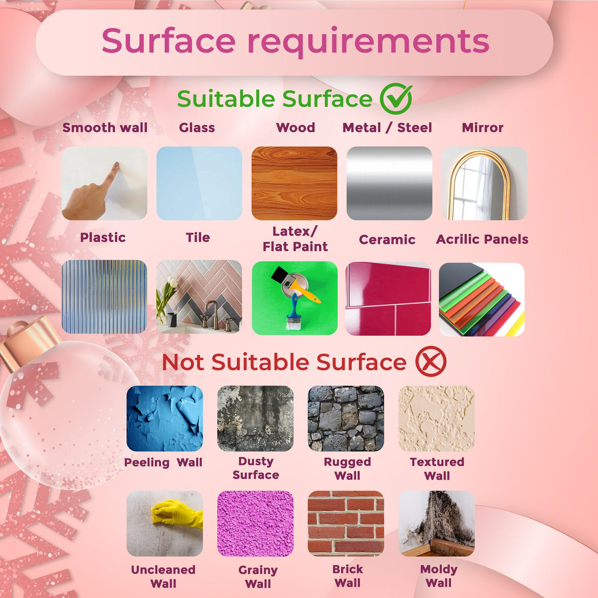 Surface requirements for Christmas stickers showing suitable and not suitable surfaces for application.