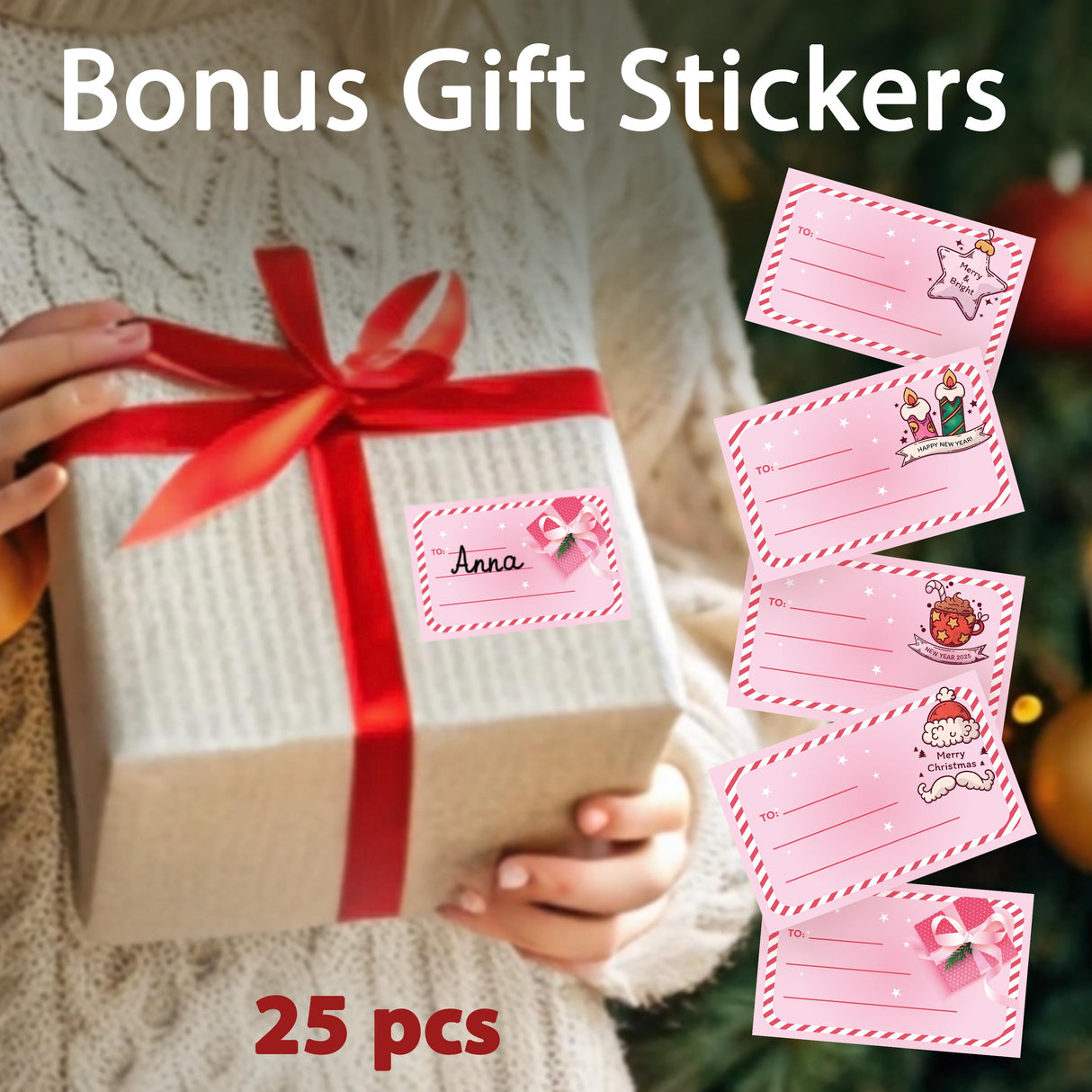 Bonus gift stickers for personalized holiday presents, featuring festive designs and 25 pieces for decorating gifts.