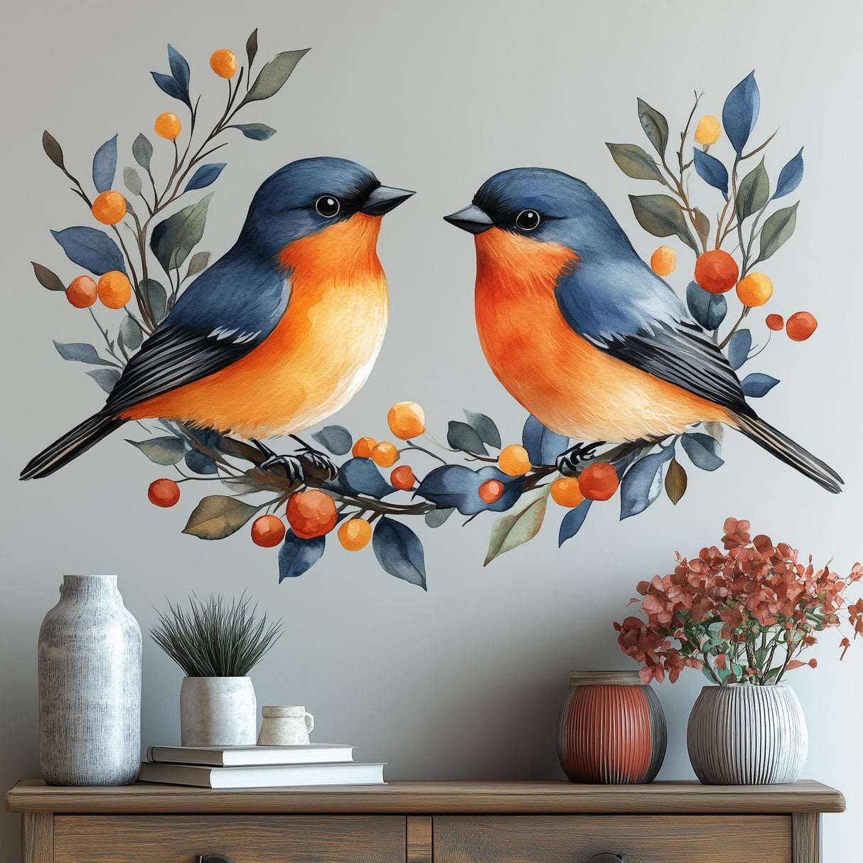 Bird Wall Decal | Nature-Inspired Wall Art | Blue and Orange Bird Sticker | Living Room Decor | Floral Bird Mural | Botanical Home Decor