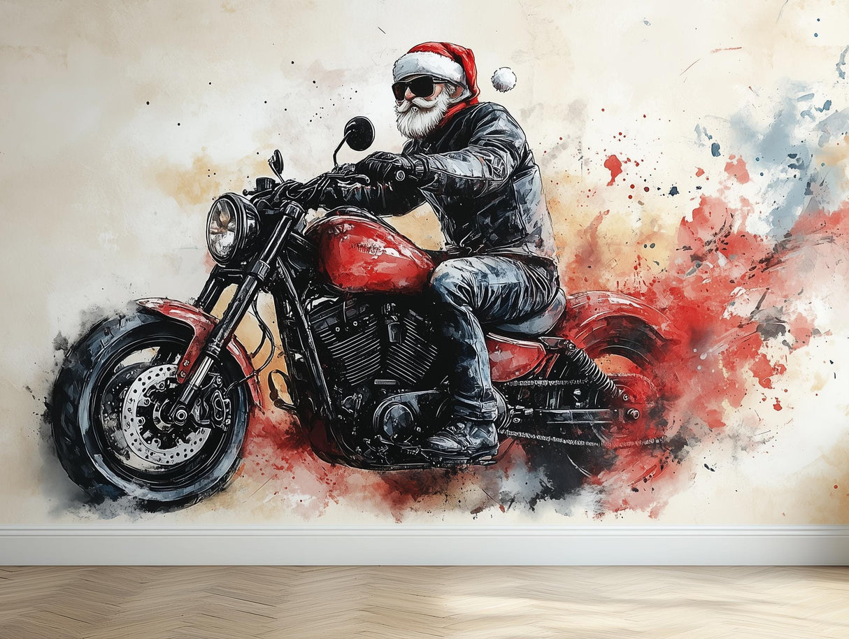 Biker Santa Wall Mural | Cool Christmas Decor | Santa on Motorcycle Wall Art | Festive Holiday Wall Sticker | Unique Christmas Decoration