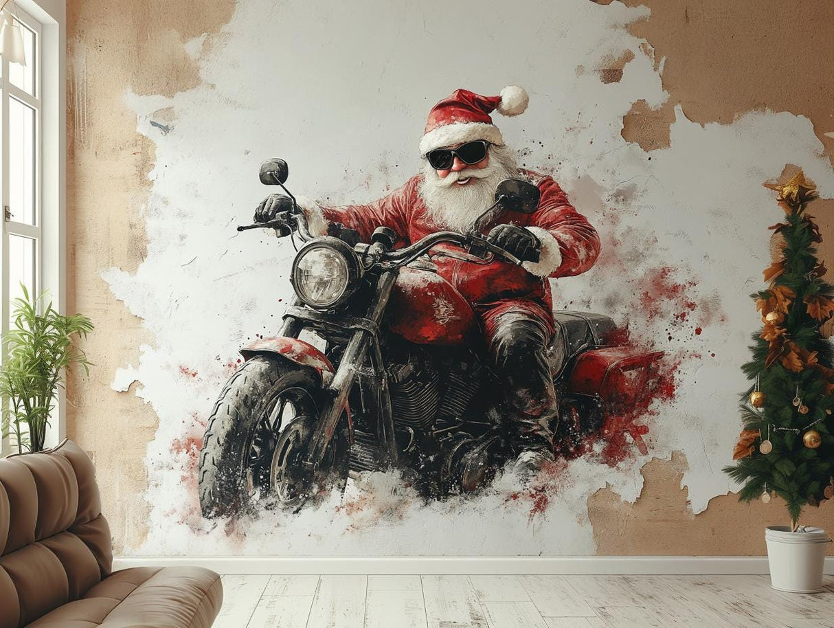 Biker Santa wall mural, Santa on motorcycle, unique holiday decor for living rooms or man caves.