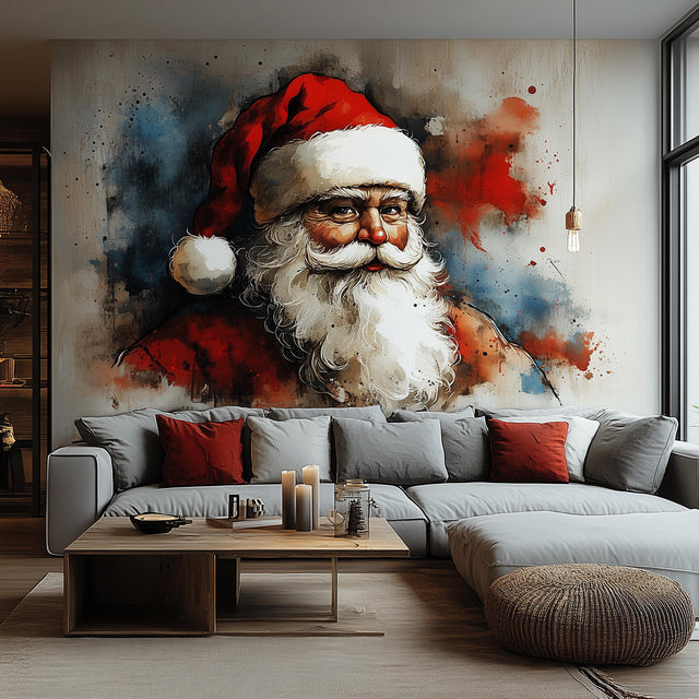 Vibrant Santa Claus wall mural featuring colorful portrait and artistic brushstrokes, perfect for festive home decoration.