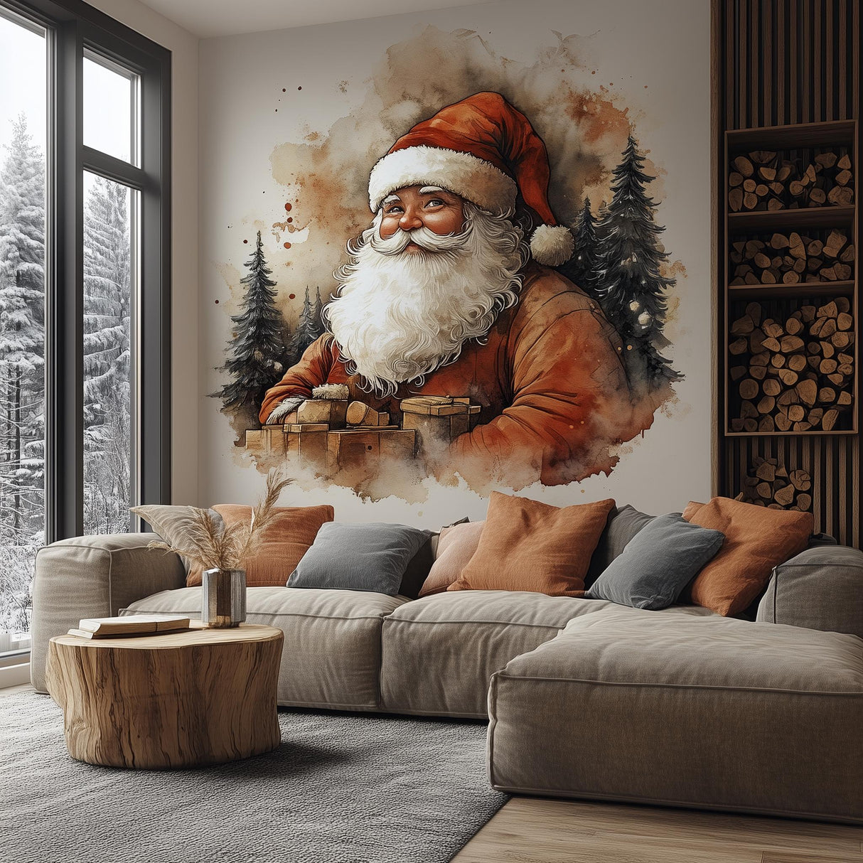 Classic Santa Claus wall mural in cozy living room, featuring Santa with gifts and evergreen trees, rustic holiday decor.