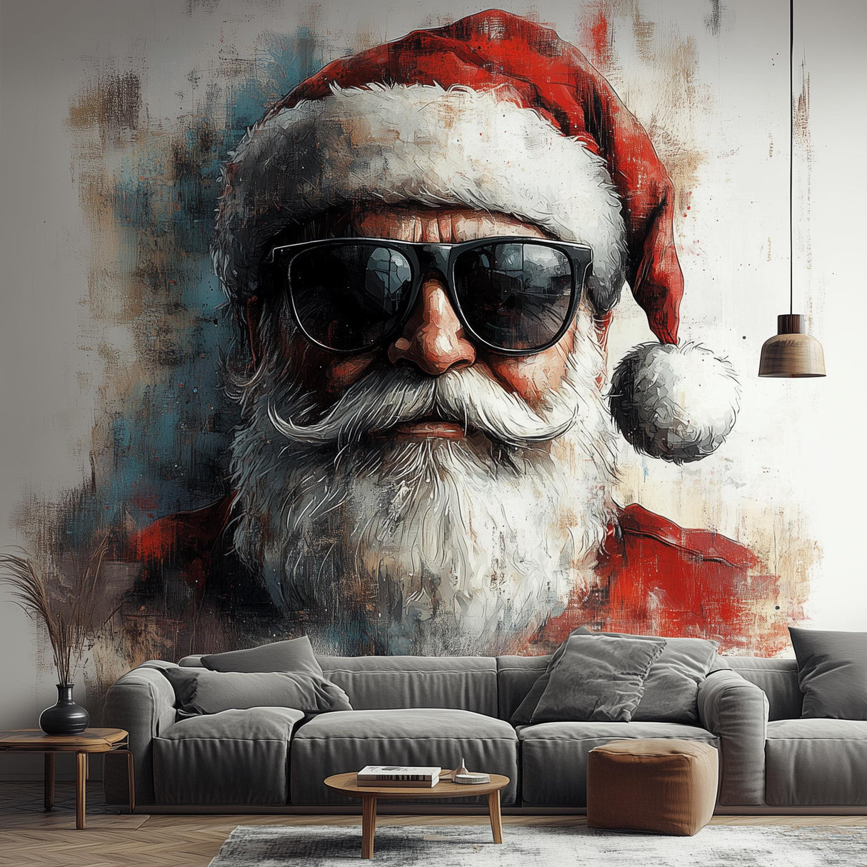 Cool Santa Claus wall mural with sunglasses, adding edgy holiday decor to a modern living space.