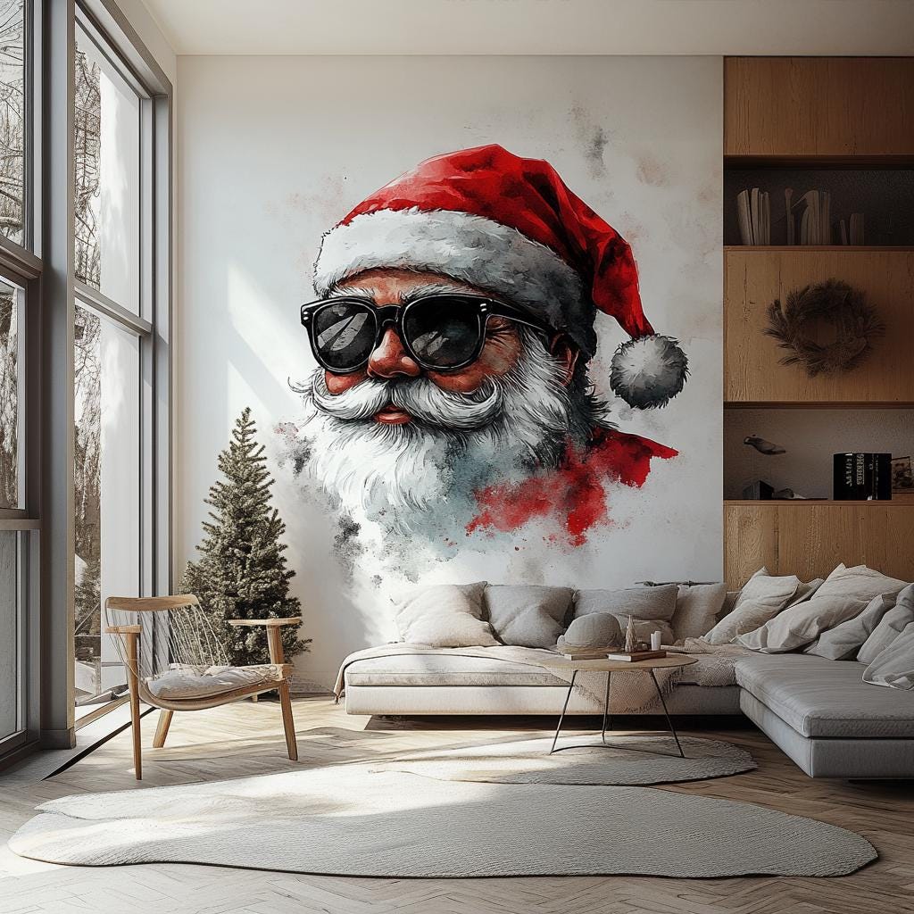Cool Santa Wall Mural | Modern Christmas Decal | Santa with Sunglasses Wall Art | Edgy Holiday Wall Sticker | Festive Statement Piece