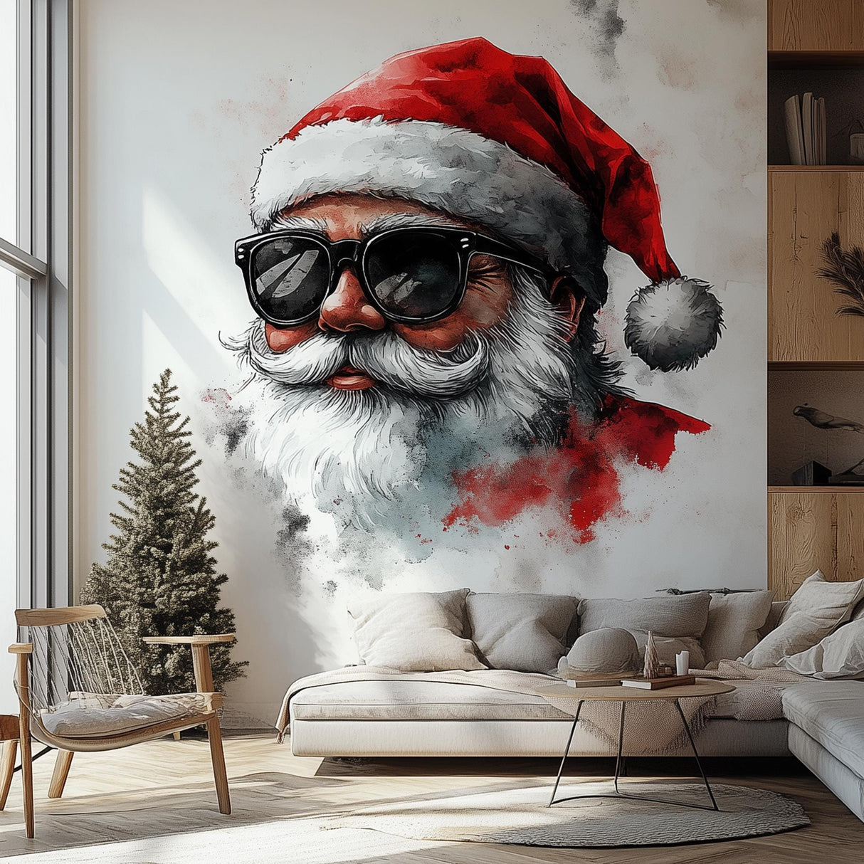 Cool Santa wall mural with sunglasses, red hat, and modern decor in a stylish living room.