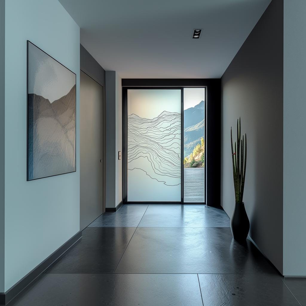 Custom frosted glass door decal with topographic design for modern home decor in bright hallway.