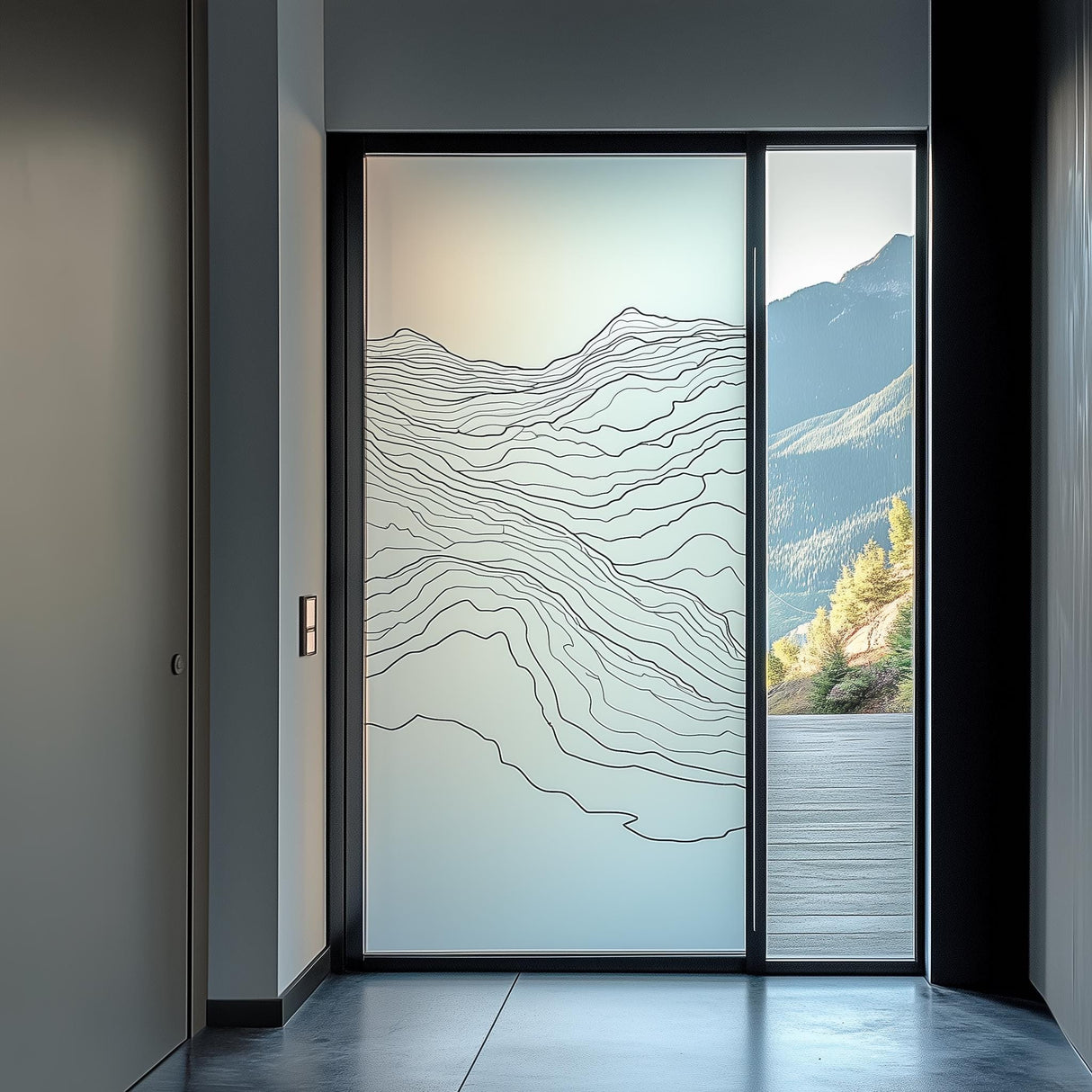 Custom frosted glass door decal with topographic line design, adding modern privacy and minimalist decor.
