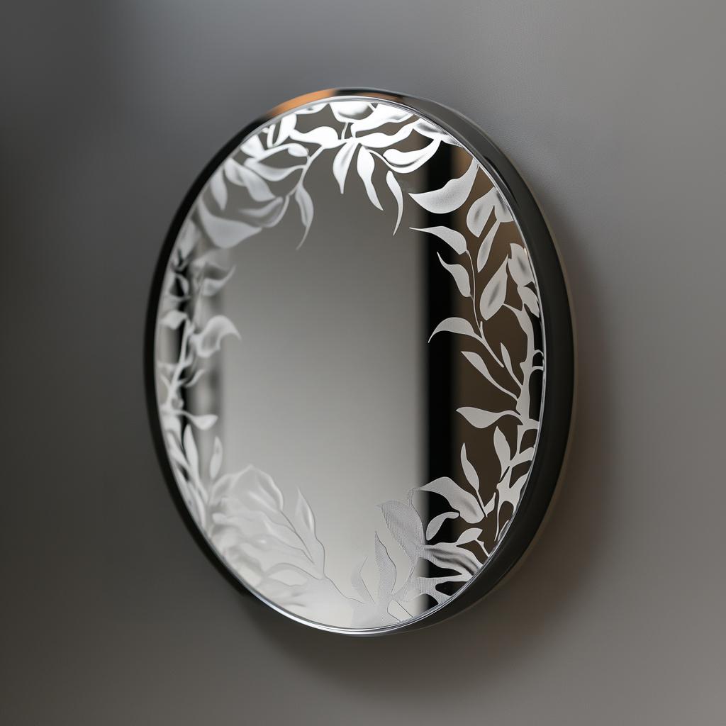 Elegant custom etched mirror decal with a floral design, perfect for home and office decor.