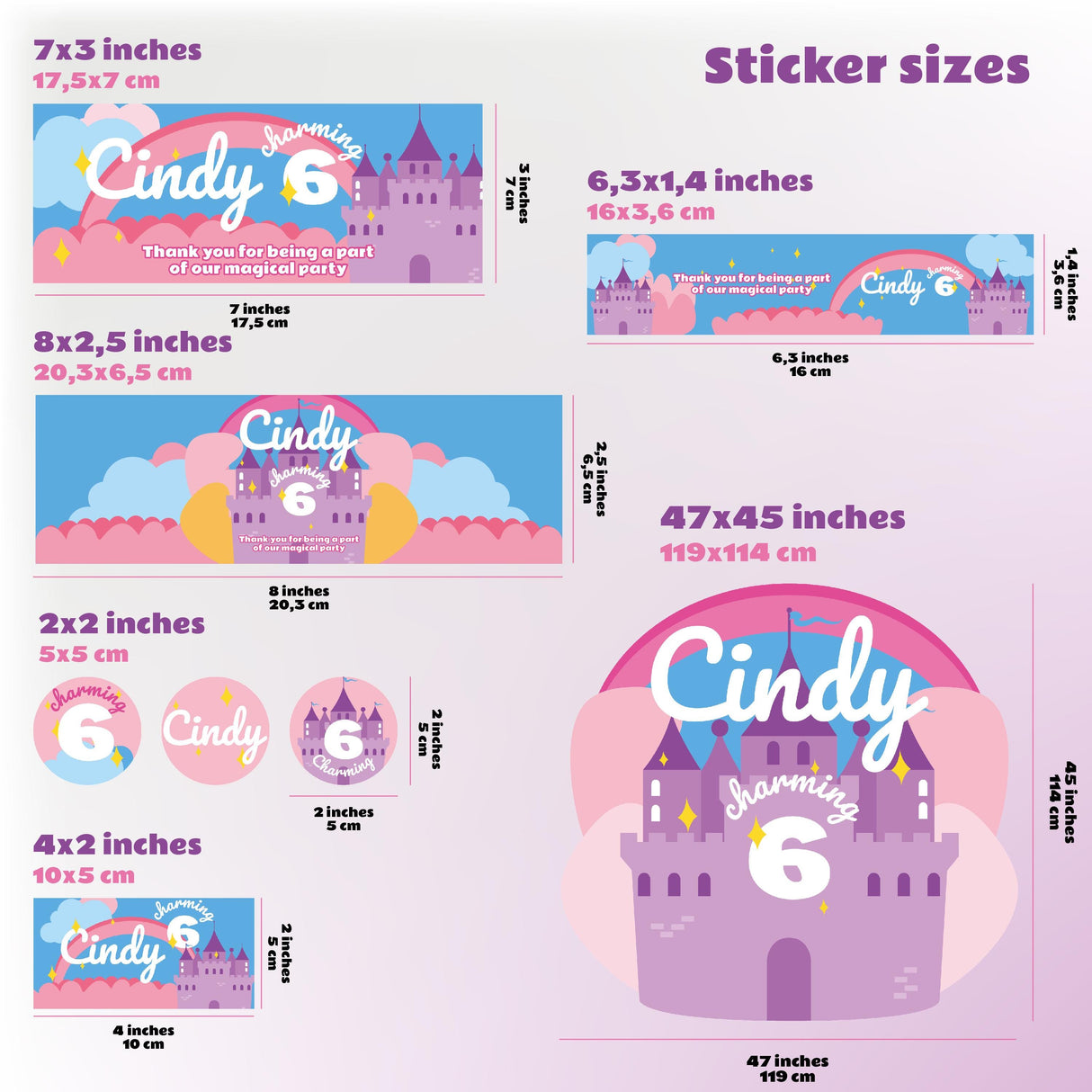 Image showing the sizes and designs of personalized kids birthday stickers for Cindy's 6th birthday party.