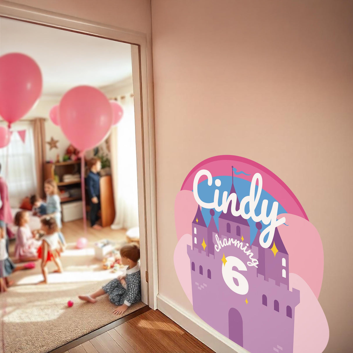 Personalized kids birthday decoration featuring a castle design with the name Cindy and age 6, perfect for a magical party.