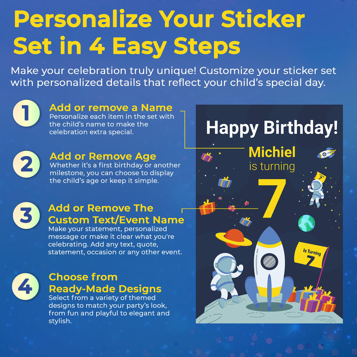 Infographic showing steps to personalize a space-themed sticker set for a birthday party, featuring astronaut graphics.
