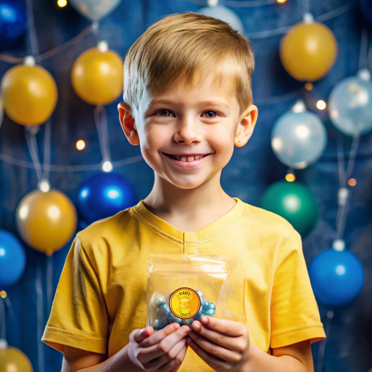 Smiling boy in yellow shirt holds candy bag at a birthday party with colorful balloons in the background.