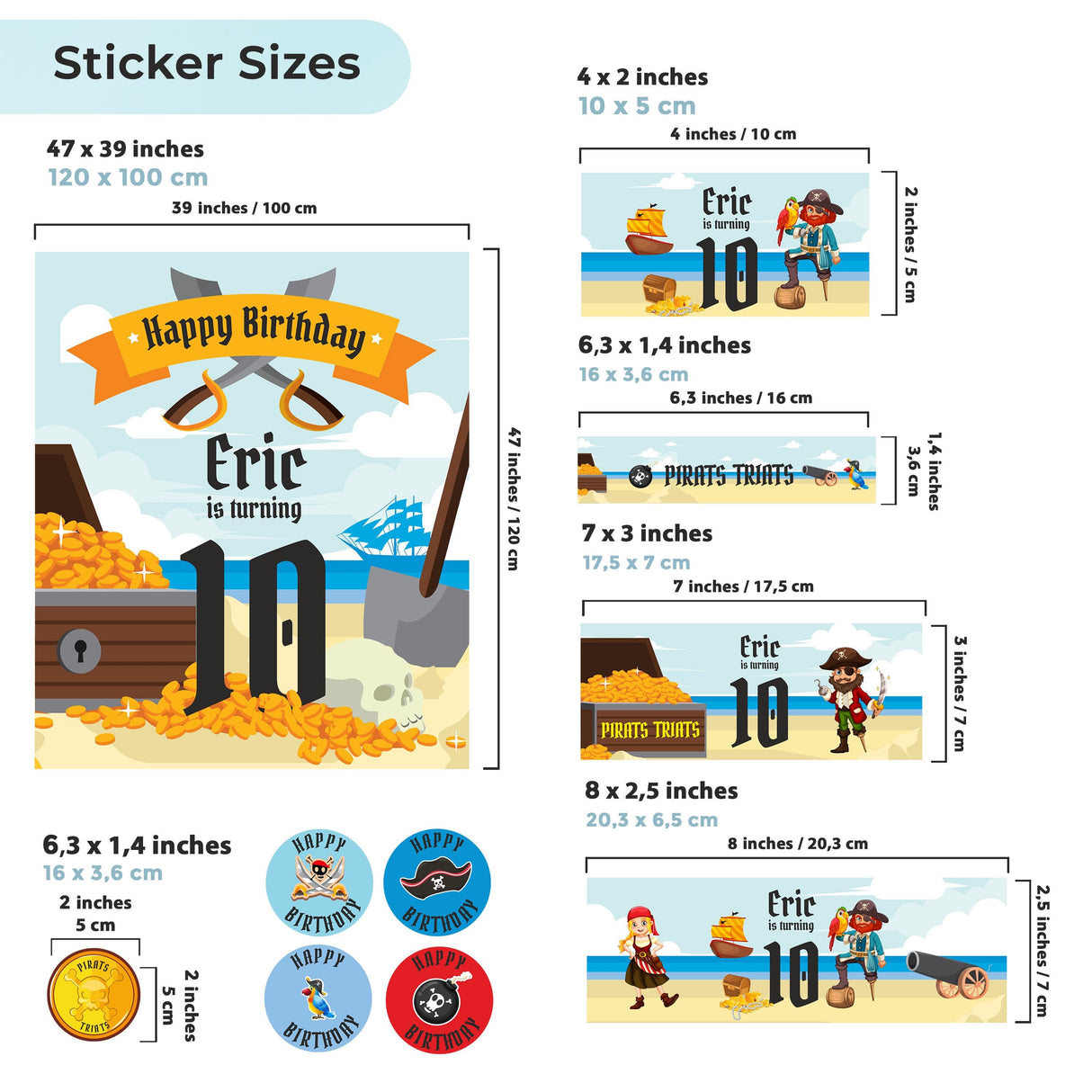 Pirate birthday party decal set size guide with personalized options and designs for decorations.