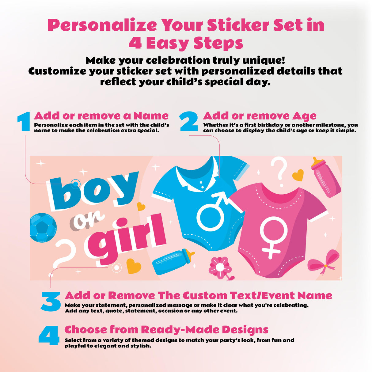 Instructions for personalizing a gender reveal sticker set in 4 easy steps featuring boy and girl themes.
