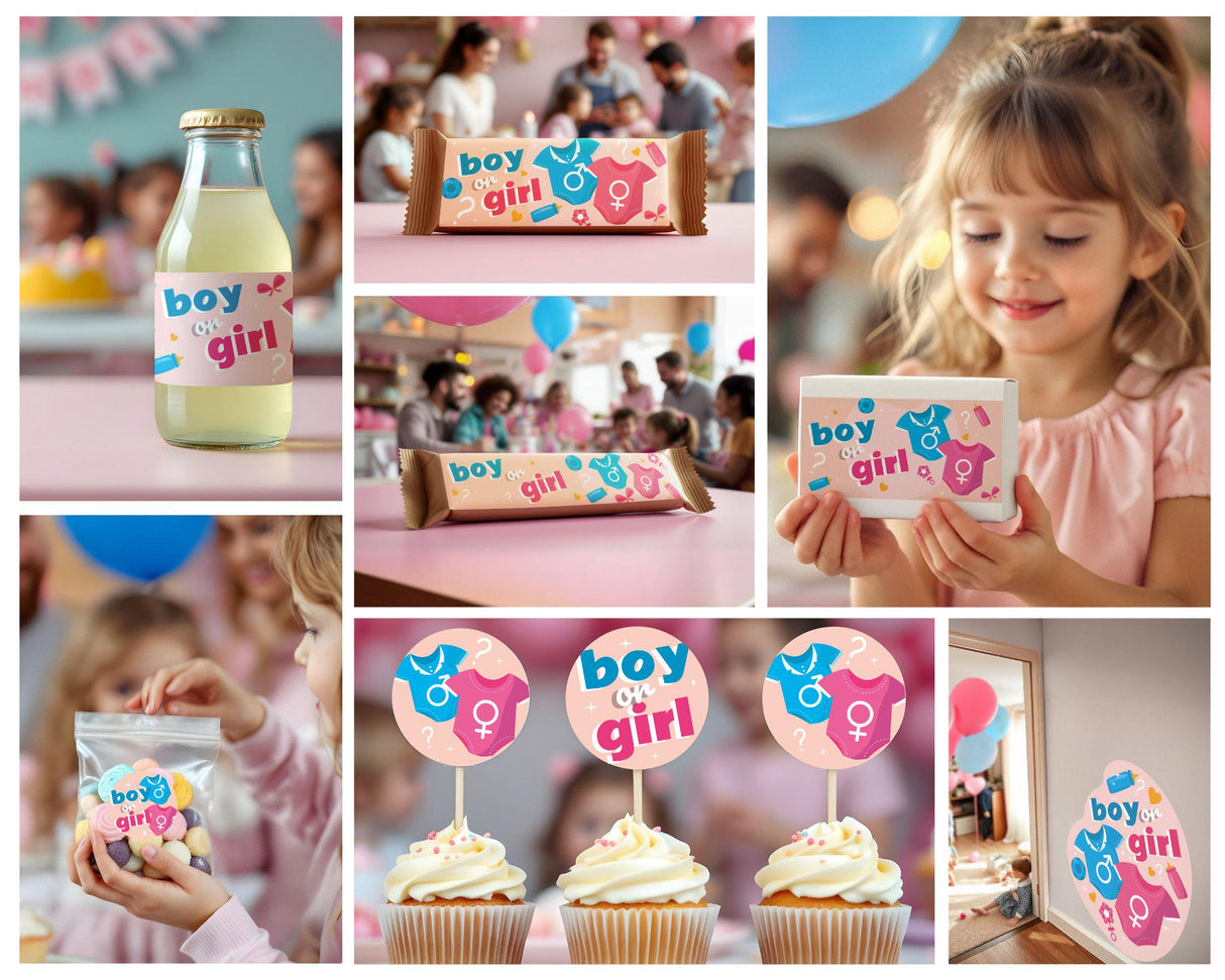 Collage of customizable gender reveal party decorations including drinks, snacks, and cupcake toppers in pink and blue.