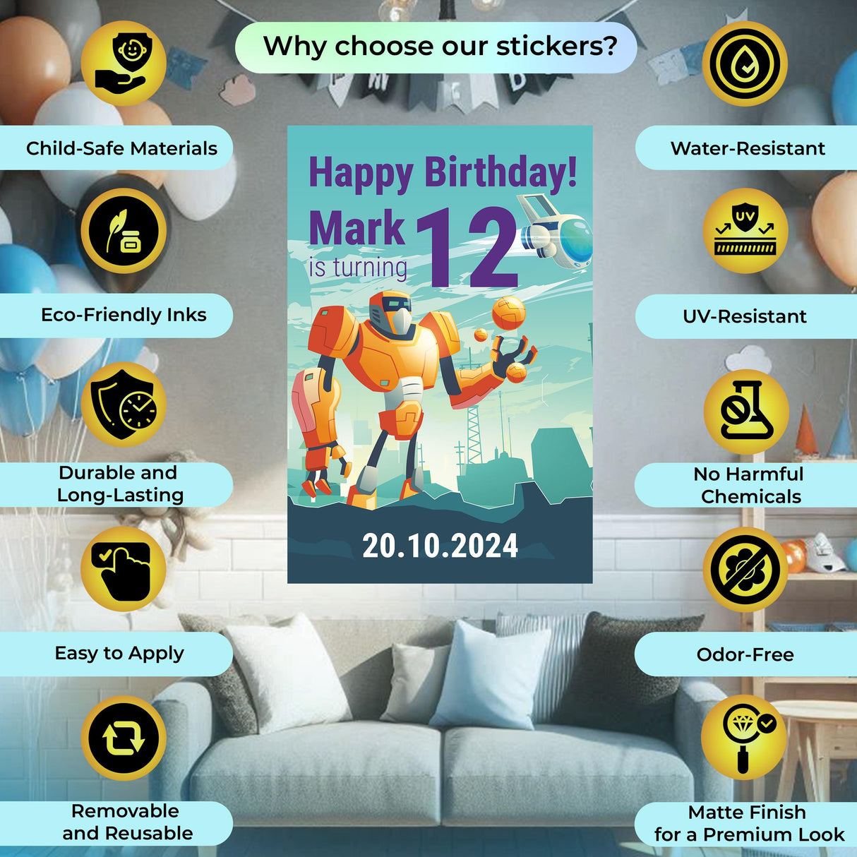 Customizable Robot Themed Birthday Decal Set | Boys Robot Party Stickers | Sci-Fi Birthday Decor | Robot Cake Toppers Water Bottle Labels *!
