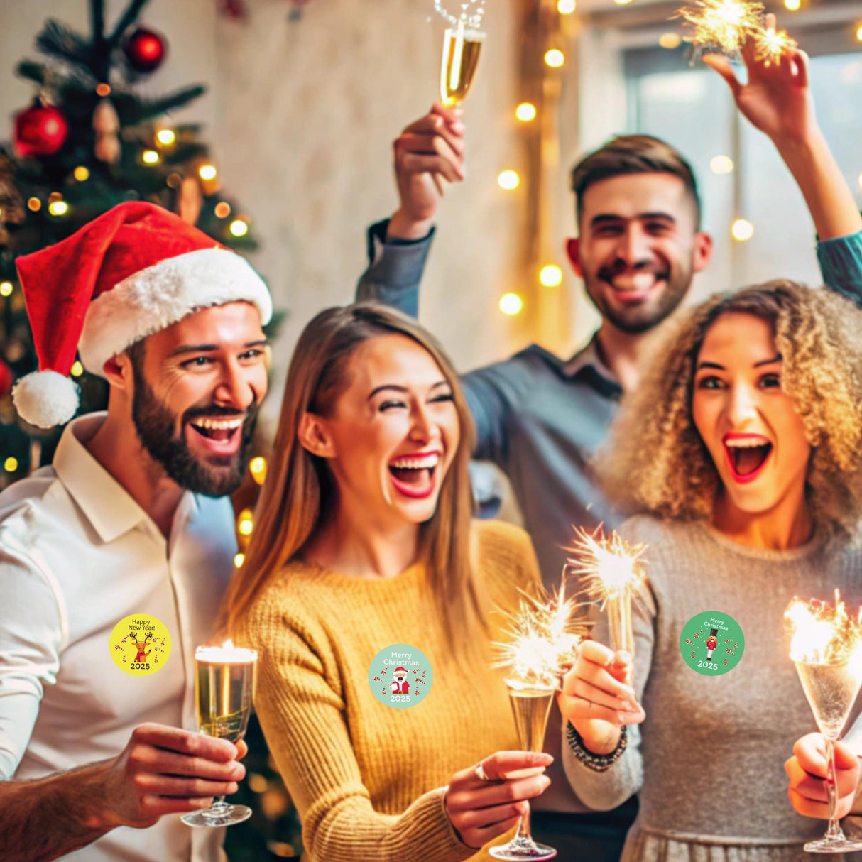 Group of friends celebrating Christmas with sparklers and festive stickers, joyful expressions, in front of a decorated tree.