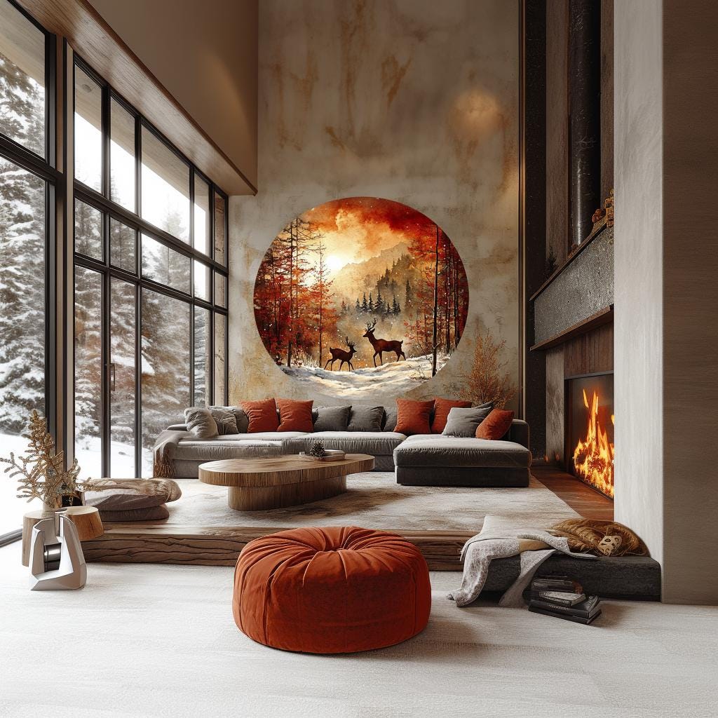 Elegant winter forest wall sticker featuring deer and mountains in a cozy living room decor with rustic charm.