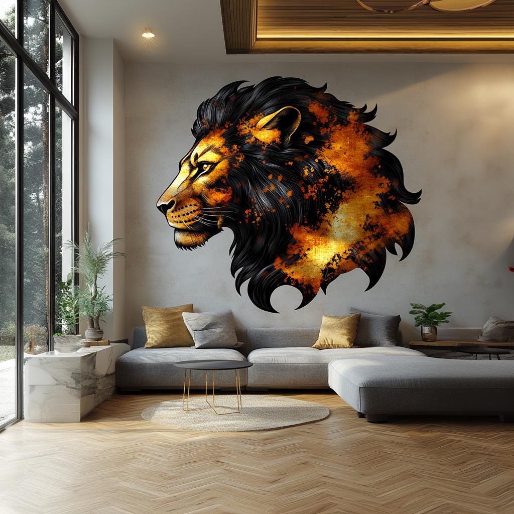 Majestic lion wall sticker in vibrant orange and black tones, enhancing modern living room decor.