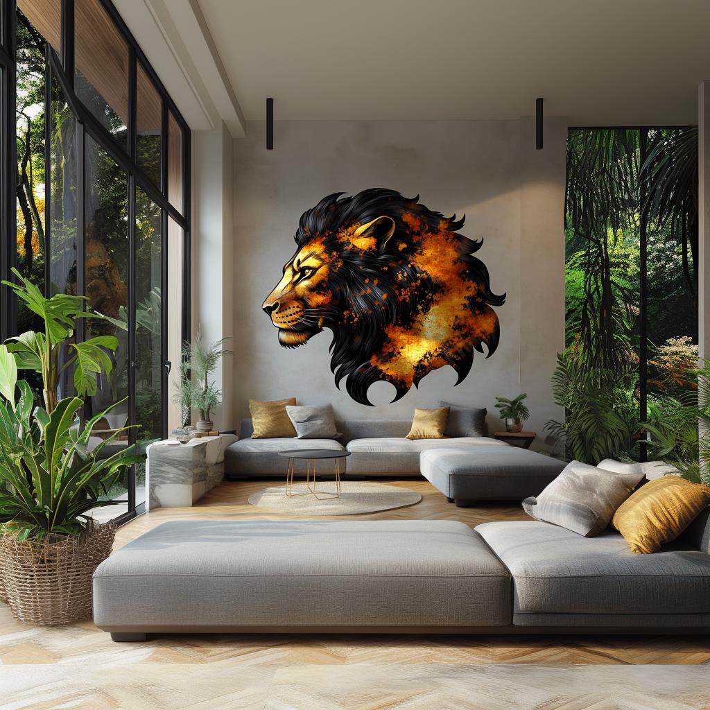 Majestic Lion Wall Sticker | Bold 3D Lion Mural Art | Fiery Animal Wall Decal Decor for Living Room, Office, Bedroom, Safari Inspired Accent