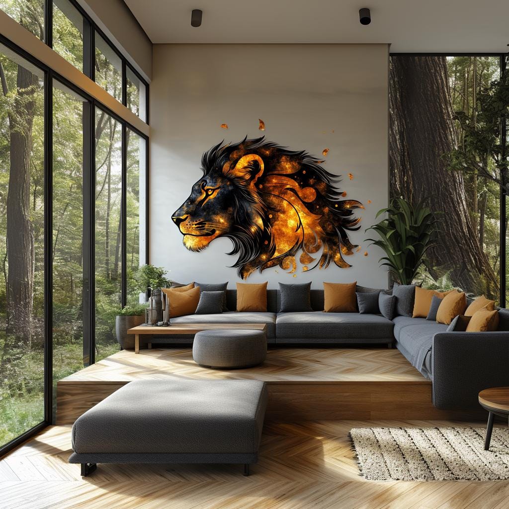 Cosmic lion wall decal in a modern living room, featuring fiery orange and black design, adding bold decor.