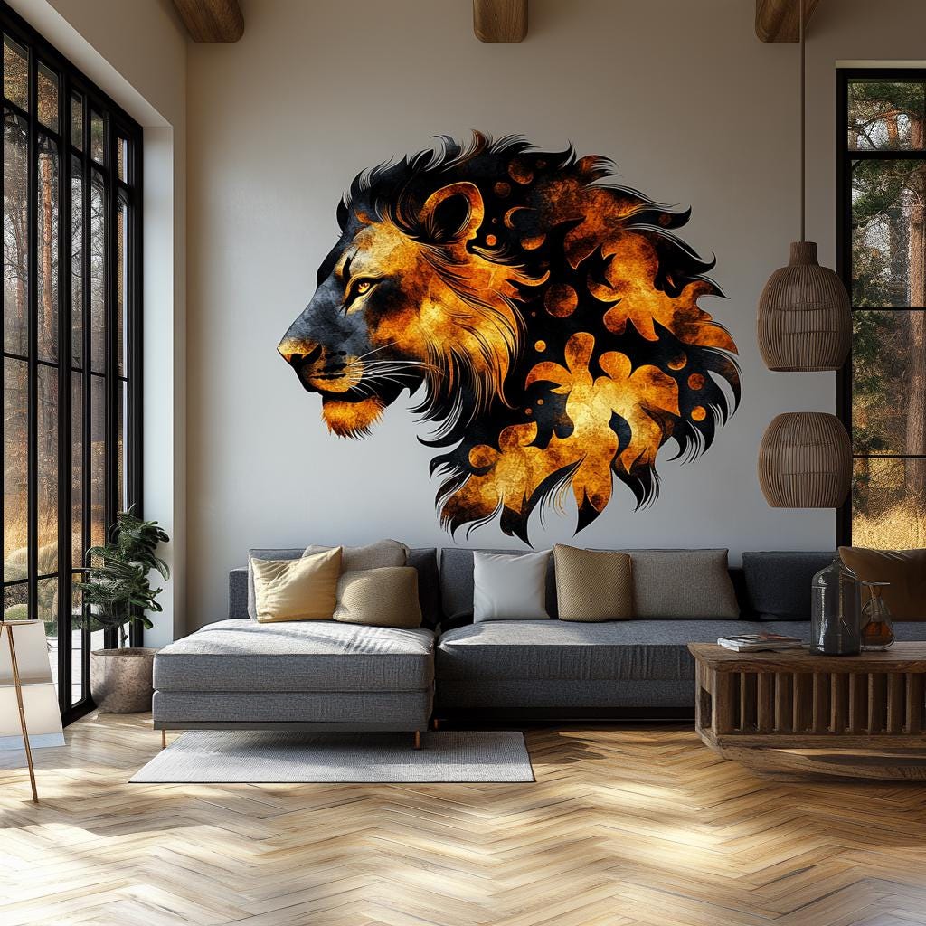 Abstract Lion Wall Decal | Fiery 3D Lion Mural Art | Bold Safari Animal Wall Sticker Decor for Living Room, Office, Statement Wall Art