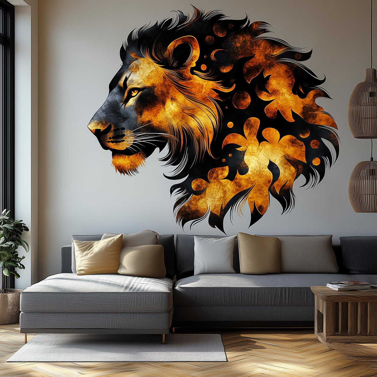 Abstract lion wall decal in fiery colors, enhancing modern living room decor with bold safari art.