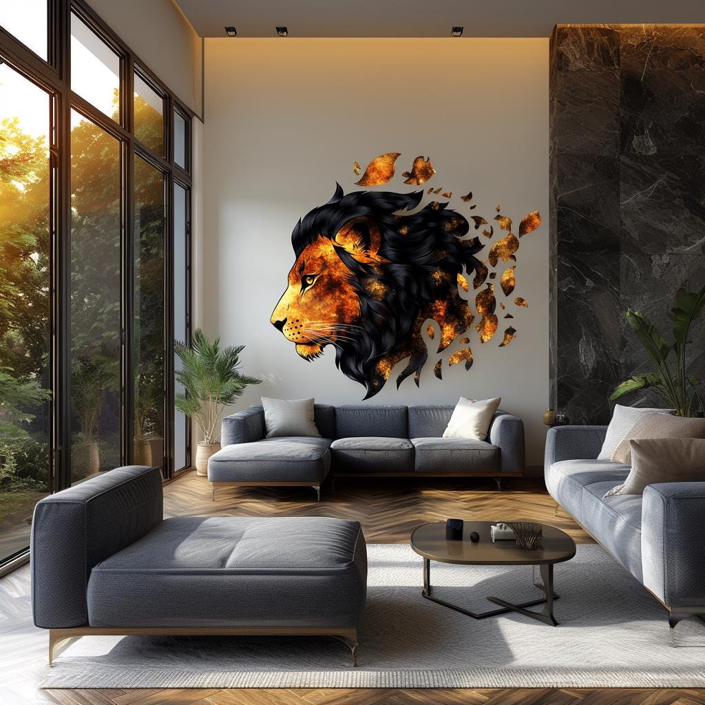 Fiery lion wall decal in abstract 3D design, bold mural art for modern living room decor.